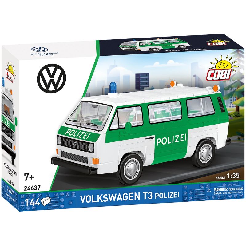 COBI-Set Volkswagen T3 Polizei mit grün-weißem Polizeibus auf der Verpackung.
