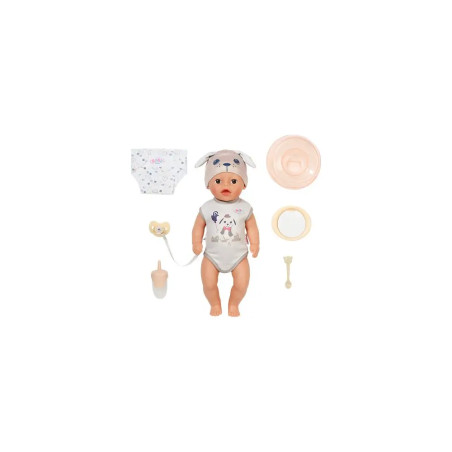 Babypuppe im Hundekostüm mit Zubehör: Fläschchen, Schnuller, Teller, Löffel, Lätzchen und Windel.