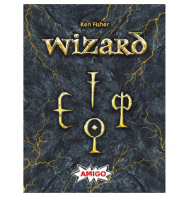 Das Wizard-Kartenspiel von Ken Fisher zeigt Runs und Blitze auf einem steinernen Hintergrund.