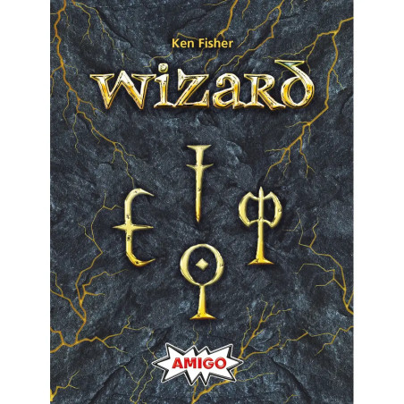Das Wizard-Kartenspiel von Ken Fisher zeigt Runs und Blitze auf einem steinernen Hintergrund.