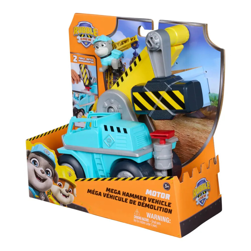 Paw Patrol Mega Hammer Fahrzeug mit Rubble-Figur in orange-blauer Verpackung.