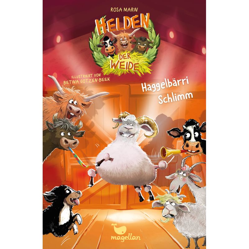 Illustration: Buchcover mit Schaf-, Ziegen- und Kuhfiguren auf einer Bühne, Titel auf Deutsch.