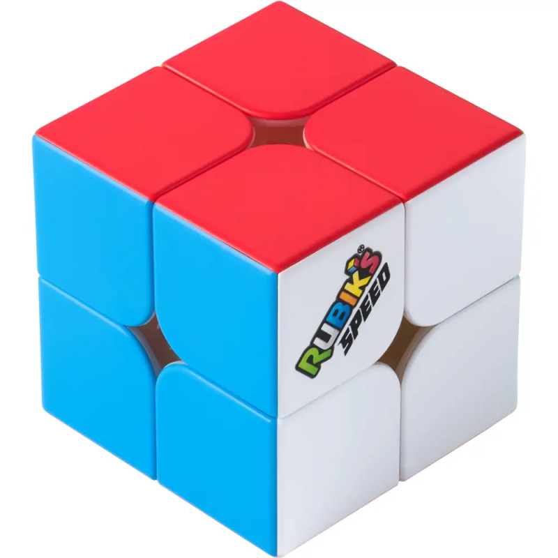 2x2 Rubik's Speed Cube mit sichtbaren roten, weißen und blauen Seiten sowie Rubiks-Logo auf der weißen Fläche.