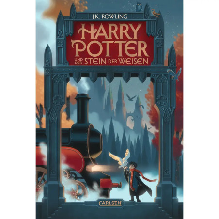 Cover von Harry Potter und der Stein der Weisen mit Zug, Junge und Eule an einem magischen Bahnhof.