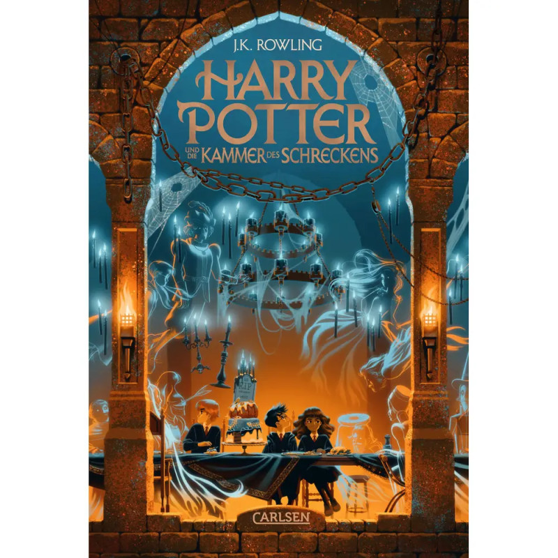 Harry Potter und die Kammer des Schreckens: Buchcover mit Schülern bei einem magischen Festmahl.