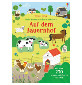 Zeichnung: Bauernhof mit Kuh, Huhn, Hund, Katze, Pferd, Schaf und Scheune. Deutscher Text steht oben.