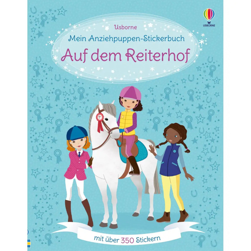 Drei Mädchen mit Reithelmen, eines auf einem weißen Pferd, auf blauem Cover mit dem Titel "Auf dem Reiterhof".