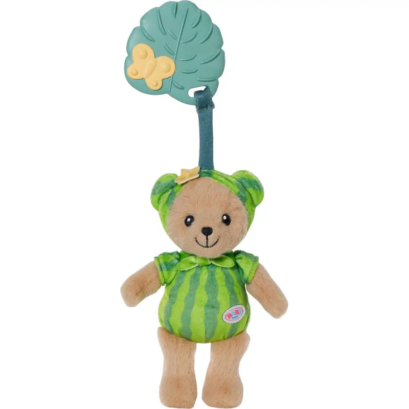 Plüsch-Teddybär im grün gestreiften Outfit hängt an einem blattförmigen Clip mit gelbem Schmetterling.