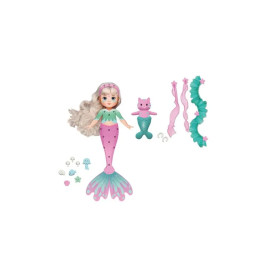 Meerjungfrauenpuppe mit pink-grünem Schwanz, pinker Katzenfigur und Zubehör auf weißem Hintergrund.