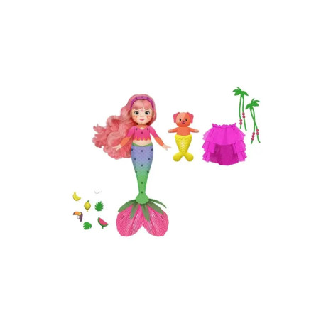 Bunte Meerjungfrauenpuppe mit pinken Haaren, kleinem orangefarbenem Fisch, pinkem Rock, grünen Accessoires und Spielzeugessen.