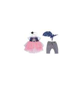 Kinder-Outfit mit pinkem Tutu-Kleid, gestreifter Leggings, gepunktetem Kopftuch und weißem Elastikband.