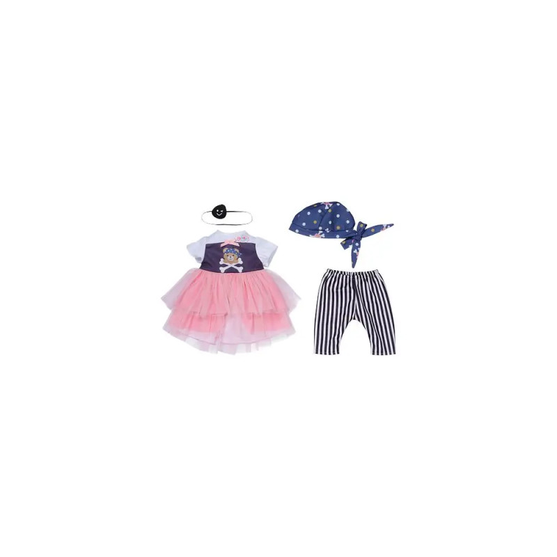 Kinder-Outfit mit pinkem Tutu-Kleid, gestreifter Leggings, gepunktetem Kopftuch und weißem Elastikband.