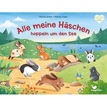 Illustration von verspielten Kaninchen am grasigen See mit blauem Himmel und Bäumen im Hintergrund.