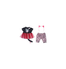 Katzenkostüm-Set für Kinder: Schwarzes Tutu, pinke Zebra-Leggings, Katzenschwanz und pinker Katzenohren-Haarreif.