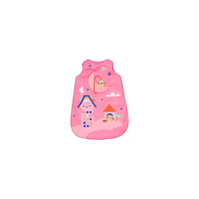 Rosa Babyschlafsack mit Cartoon-Häusern, Wolken, Mond und schlafenden Figuren auf der Vorderseite.