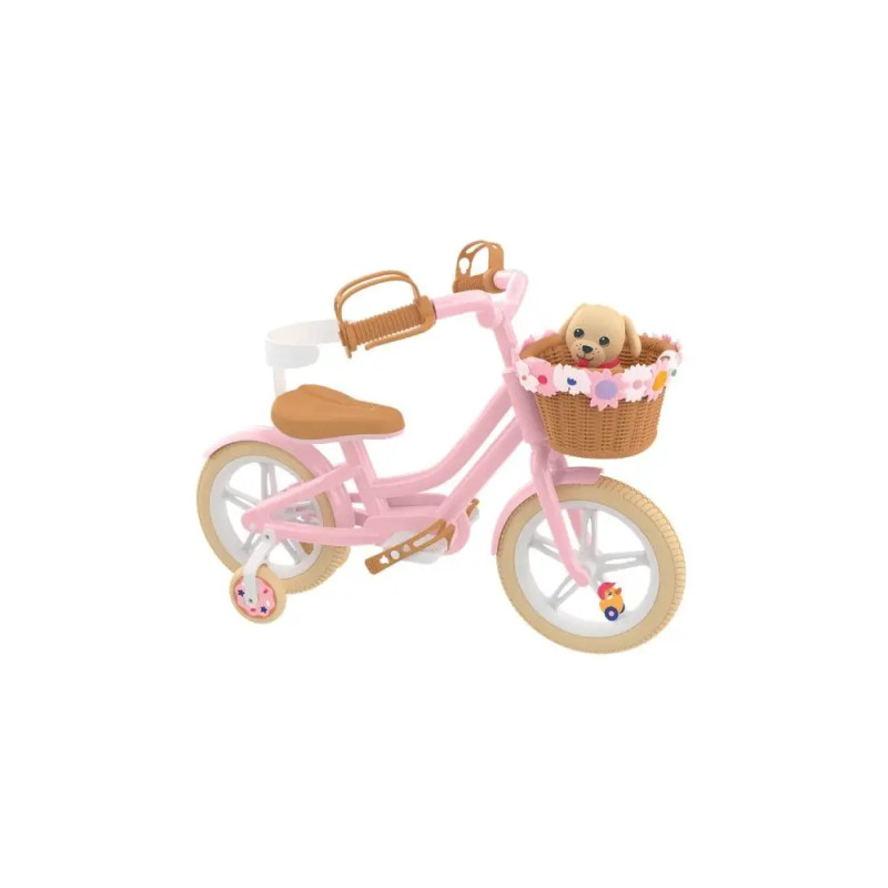 Pinkes Kinderfahrrad mit Stützrädern, Korb und Plüschhund sowie rosa Blumendekorationen.