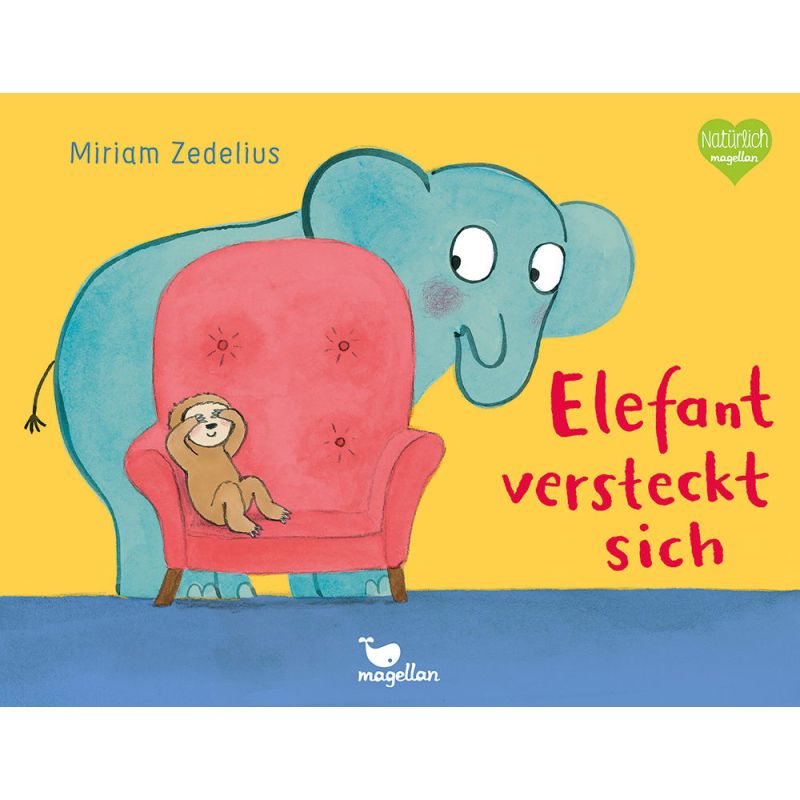 Blauer Elefant versteckt sich hinter rotem Stuhl mit lächelndem Faulenzer. Text: "Elefant versteckt sich.