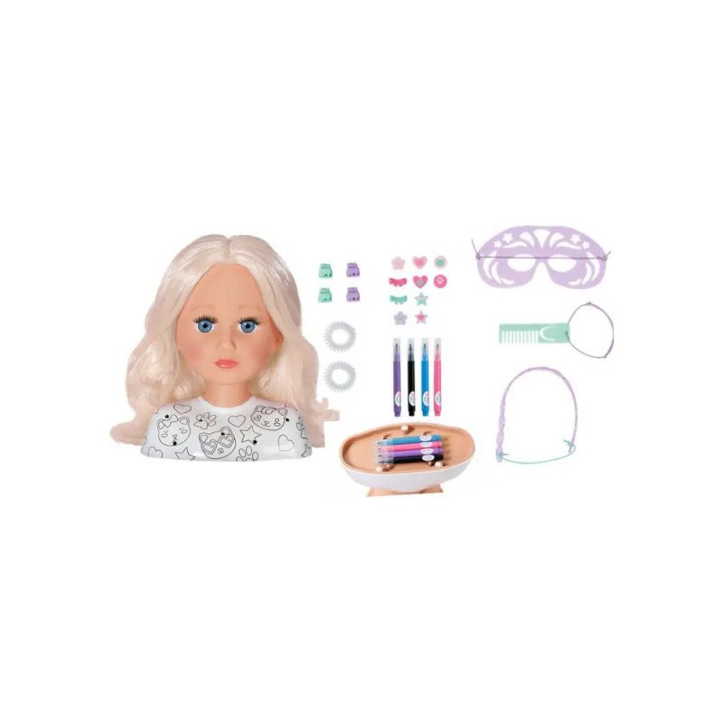 Styling-Kopf mit blonden Haaren, Schminkstiften, Haarzubehör, Maske, Kamm und Stirnband daneben.