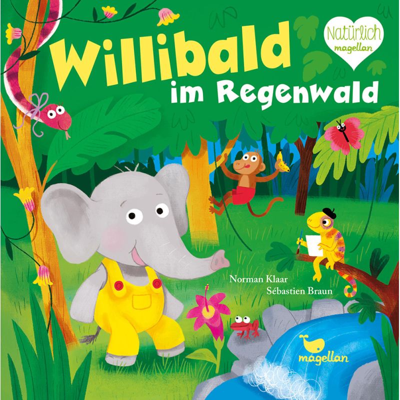 Cartoon-Elefant in gelbem Overall mit Dschungeltieren und Pflanzen; deutscher Titel: Willibald im Regenwald.