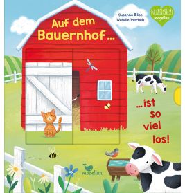 Rotes Bauernhaus, Katze, zwei Kühe, Ente und grünes Feld mit Zaun auf farbigem Buchcover zum Thema Bauernhof.