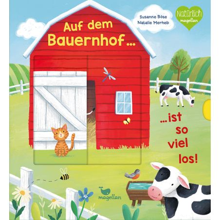 Rotes Bauernhaus, Katze, zwei Kühe, Ente und grünes Feld mit Zaun auf farbigem Buchcover zum Thema Bauernhof.
