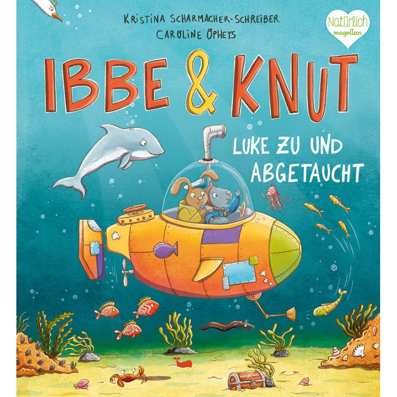 Buntes Kinderbuchcover: Tiere in gelbem U-Boot, ein Delfin und verschiedene Meeresbewohner unter Wasser.