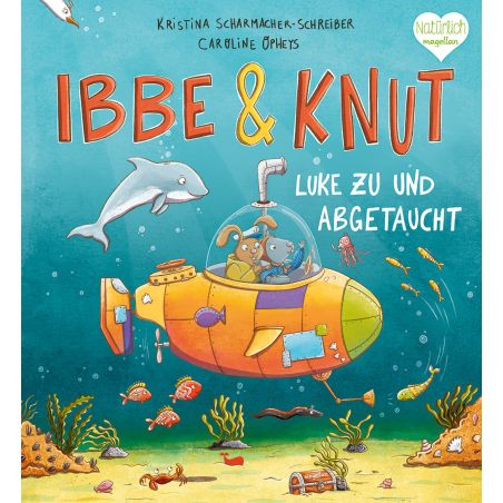 Buntes Kinderbuchcover: Tiere in gelbem U-Boot, ein Delfin und verschiedene Meeresbewohner unter Wasser.