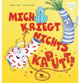 Drei Vasen mit Gesichtern und Armen umgeben großen roten deutschen Text auf gelbem Hintergrund.