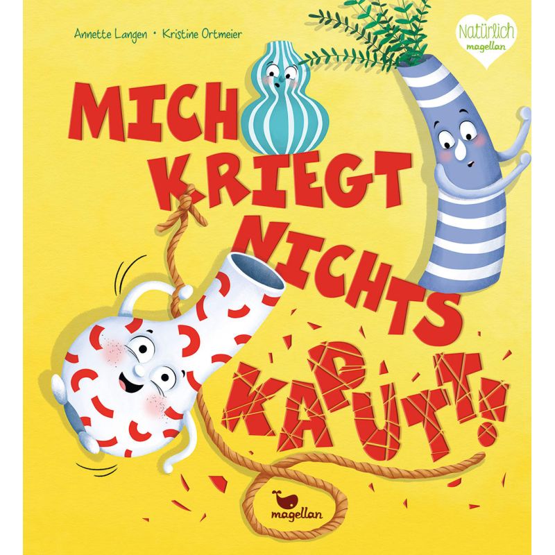 Drei Vasen mit Gesichtern und Armen umgeben großen roten deutschen Text auf gelbem Hintergrund.