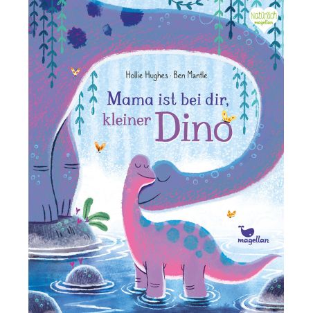 Zwei lilafarbene Dinosaurier kuscheln am Wasser, umgeben von Bäumen; deutscher Text auf dem Cover.