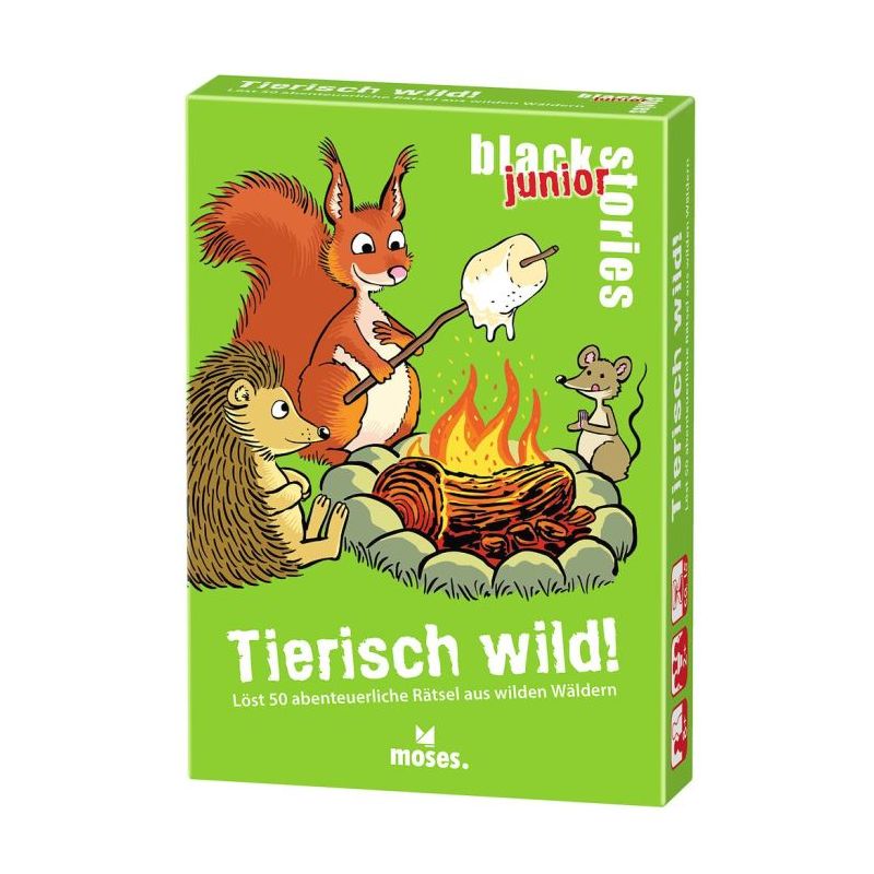 Drei Cartoon-Tiere sitzen um ein Lagerfeuer auf einer grünen Box mit Tierisch wild! und black stories junior.