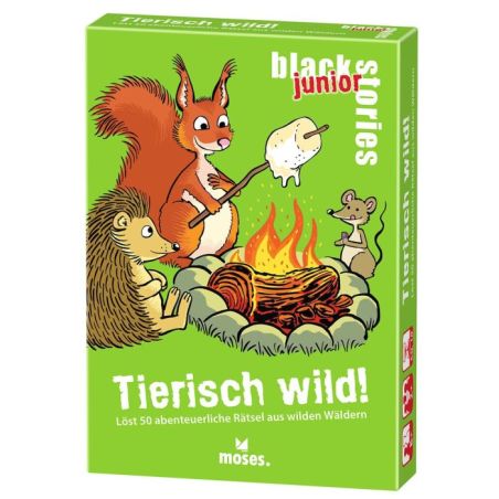 Drei Cartoon-Tiere sitzen um ein Lagerfeuer auf einer grünen Box mit Tierisch wild! und black stories junior.