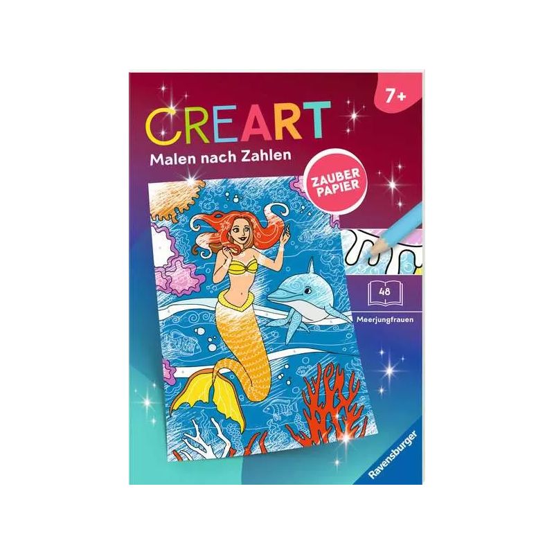 Malset mit Meerjungfrau, Delfin und Korallen, Aufschrift CREART und Malen nach Zahlen, geeignet ab 7 Jahren.