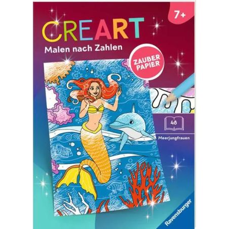 Malset mit Meerjungfrau, Delfin und Korallen, Aufschrift CREART und Malen nach Zahlen, geeignet ab 7 Jahren.