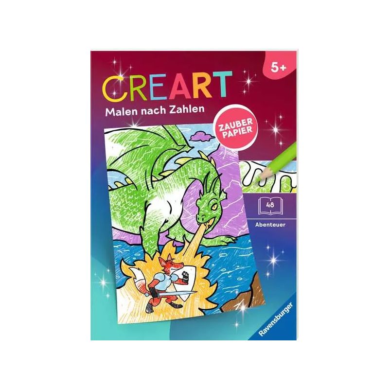Malbuch-Cover mit grünem Drachen und Ritter, Titel: CREART Malen nach Zahlen, ab 5 Jahren geeignet.