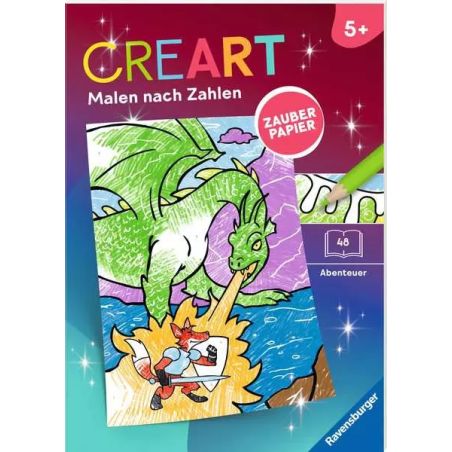 Malbuch-Cover mit grünem Drachen und Ritter, Titel: CREART Malen nach Zahlen, ab 5 Jahren geeignet.