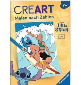 Lilo, Stitch und Nani surfen auf einer Welle CREART Malen nach Zahlen Set für Kinder ab 7 Jahren.