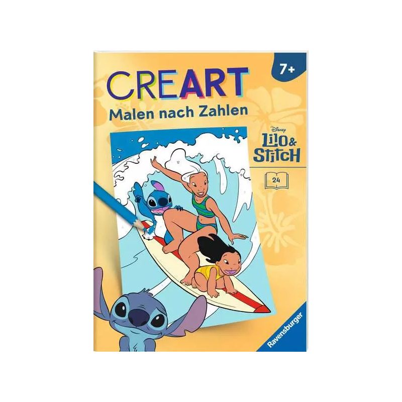 Lilo, Stitch und Nani surfen auf einer Welle CREART Malen nach Zahlen Set für Kinder ab 7 Jahren.