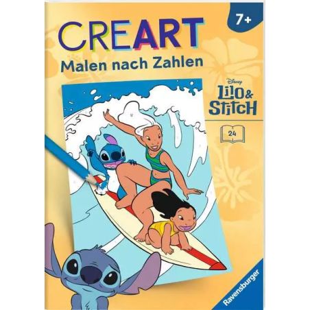 Lilo, Stitch und Nani surfen auf einer Welle CREART Malen nach Zahlen Set für Kinder ab 7 Jahren.