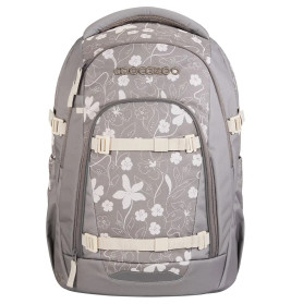 Grauer Rucksack mit weißem Blumenmuster, mehreren Reißverschlussfächern, Trägern und Tragegriff.