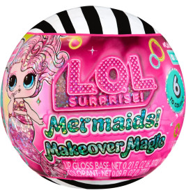 Runde LOL Surprise! Mermaids Makeover Magic Kugel mit bunter Verpackung und einer Meerjungfrauen-Puppe als Cartoon.