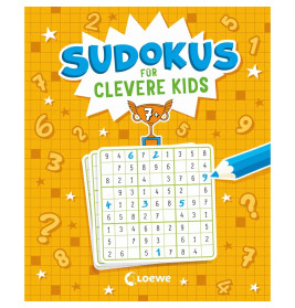 Buchcover Sudokus für clevere Kids, daneben ein Bleistift und ein gelöstes Sudoku auf orangem Hintergrund.