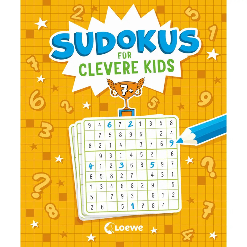 Buchcover "Sudokus für clevere Kids", daneben ein Bleistift und ein gelöstes Sudoku auf orangem Hintergrund.