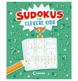 Buchcover mit Sudoku-Rätsel, Bleistift, Sternen und dem Titel Sudokus für clevere Kids auf grünem Hintergrund.