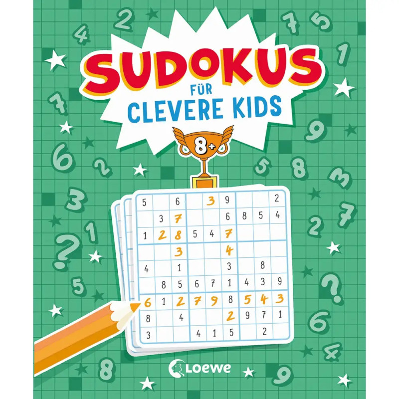 Buchcover mit Sudoku-Rätsel, Bleistift, Sternen und dem Titel "Sudokus für clevere Kids" auf grünem Hintergrund.