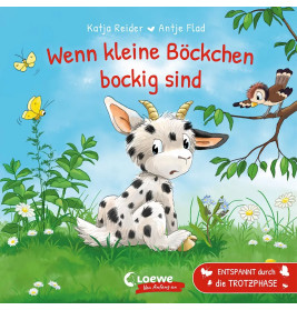 Illustration eines traurigen Ziegenkitzes auf Gras mit Blumen, einem Vogel auf einem Ast und fliegenden Schmetterlingen.