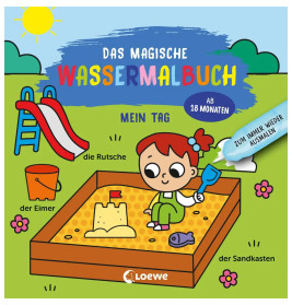 Cartoonkind im Sandkasten mit Eimer und Spielzeug neben Rutsche auf buntem deutschen Buchcover.