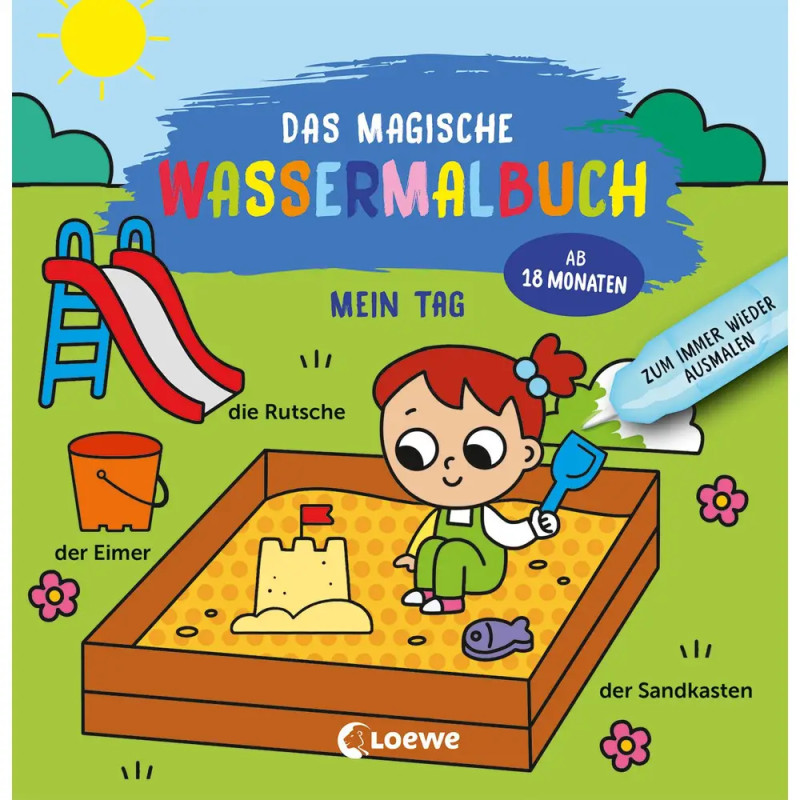 Cartoonkind im Sandkasten mit Eimer und Spielzeug neben Rutsche auf buntem deutschen Buchcover.