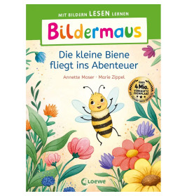 Eine lächelnde Comic-Biene fliegt zwischen bunten Blumen auf dem Cover eines deutschen Kinderbuchs.