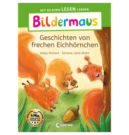 Buchcover mit verspielten Eichhörnchen und Eicheln, Titel: Bildermaus - Geschichten von frechen Eichhörnchen.